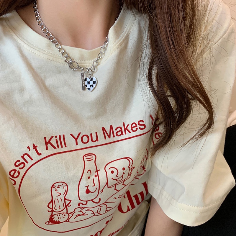 AY(CN) Kalung Rantai Liontin Hati Motif Kotak-Kotak Warna Hitam Putih Gaya Korea Untuk Wanita