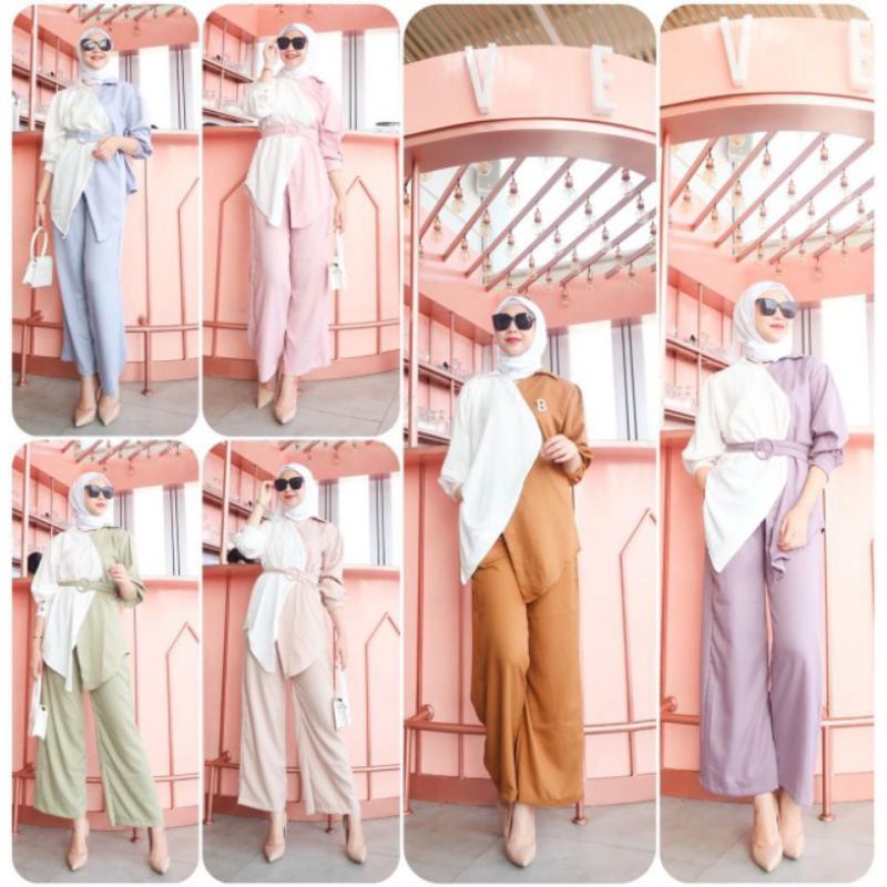 COD ✅ READY STOCK ONE SET SETELAN POLOS SAQILA JUMBO Two Tone Free Belt LD 110 Celana kulot