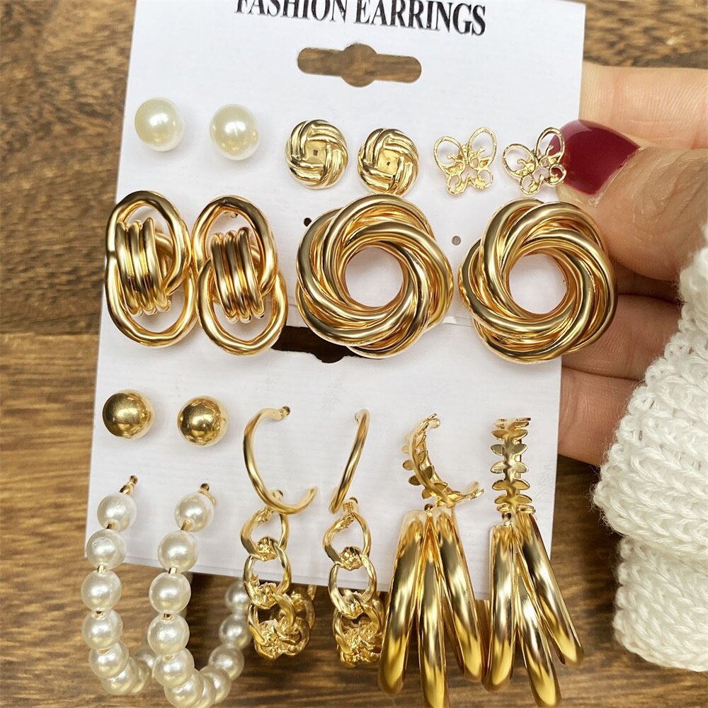 12pcs set Geometirc Round Pearl Hoop Earrings Set For Women Butterfly Snake Hoop Earrings Jewelry Gift