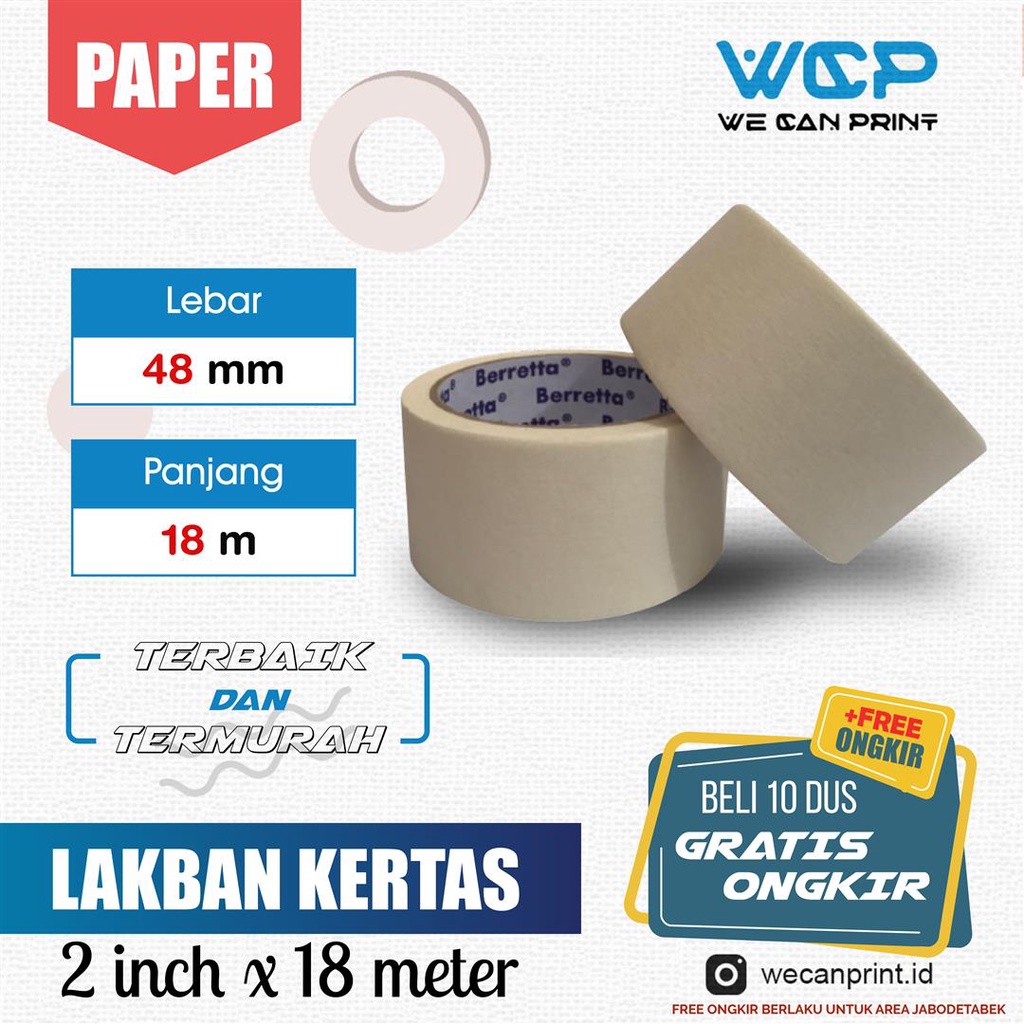

Berretta Lakban Kertas 48x18 meter Paper Tape 48 mm x 18 meter Lakban Kertas Paper Tape 2" inch x 18 meter Lakban Kertas Putih 48 mm