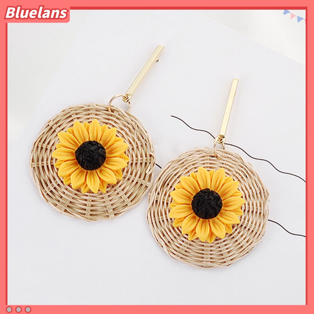 Bluelans Boho Sunflower Rattan Woven Round Pendant Statement Women Stud Earrings Jewelry