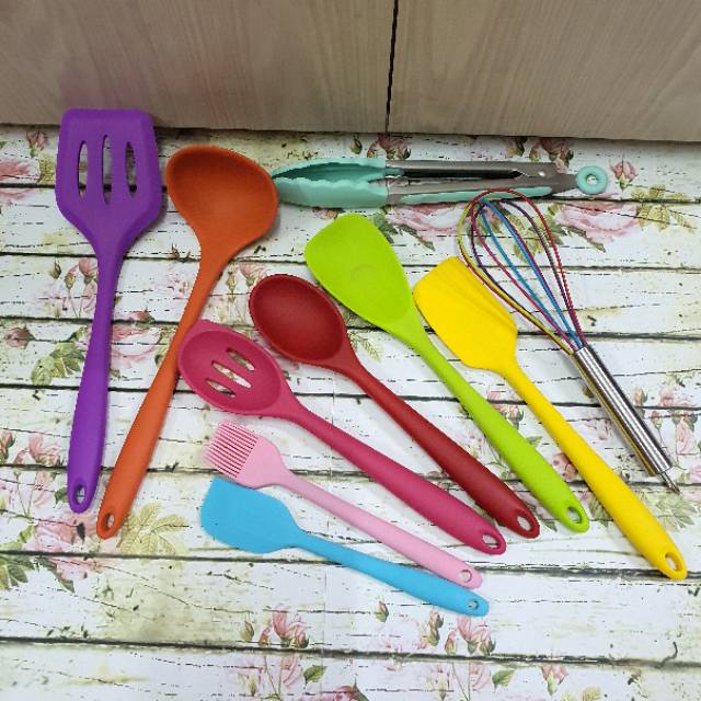 Rainbow silicone spatula cooking utensil set 10s / alat masak tanpa sambungan