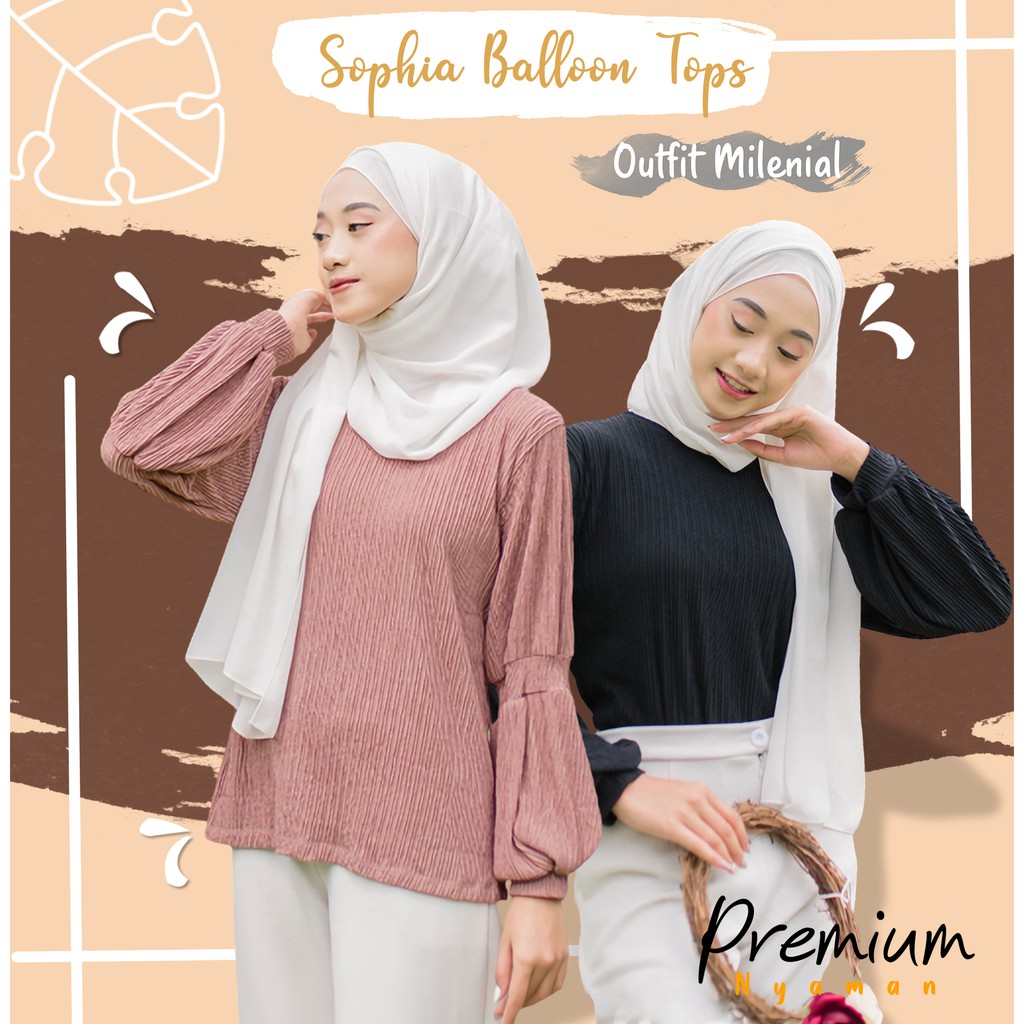 Baju Blouse Muslim Wanita Korea Terbaru Lengan Balon Plisket Korean Style Ootd Kekinian Jumbo Murah