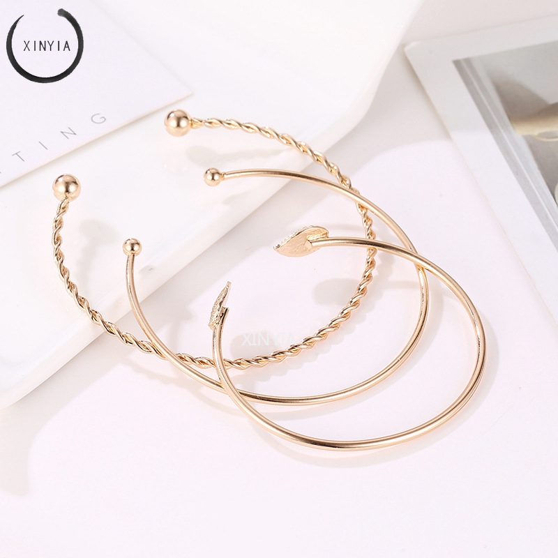 3Pcs / Set Gelang Wanita Model Vintage Simple Elegan Motif Daun Hollow