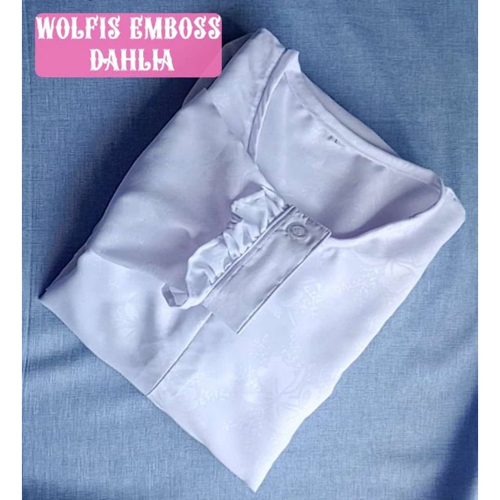 gamis syari wolfis embos motif-putih