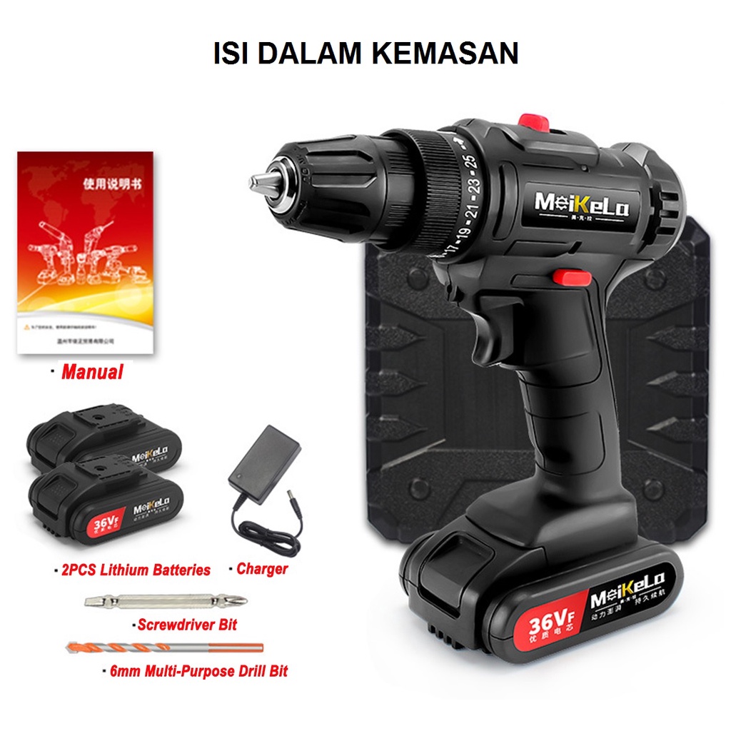 MEIKELA Cordless Electric Screwdriver Impact Drill - Obeng Bor Listrik