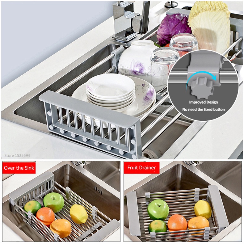 Rak Holder Penyimpanan Buah Sayuran Bahan Stainless Steel Dapat Diperpanjang Untuk Wastafel Dapur