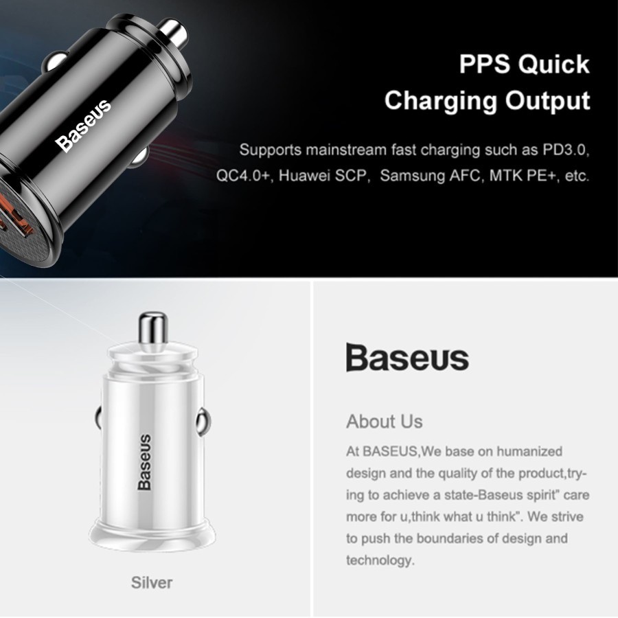 CAR CHARGER BASEUS 30W TYPE-C PD+USB QUICK CHARGE 3.0 - Hitam