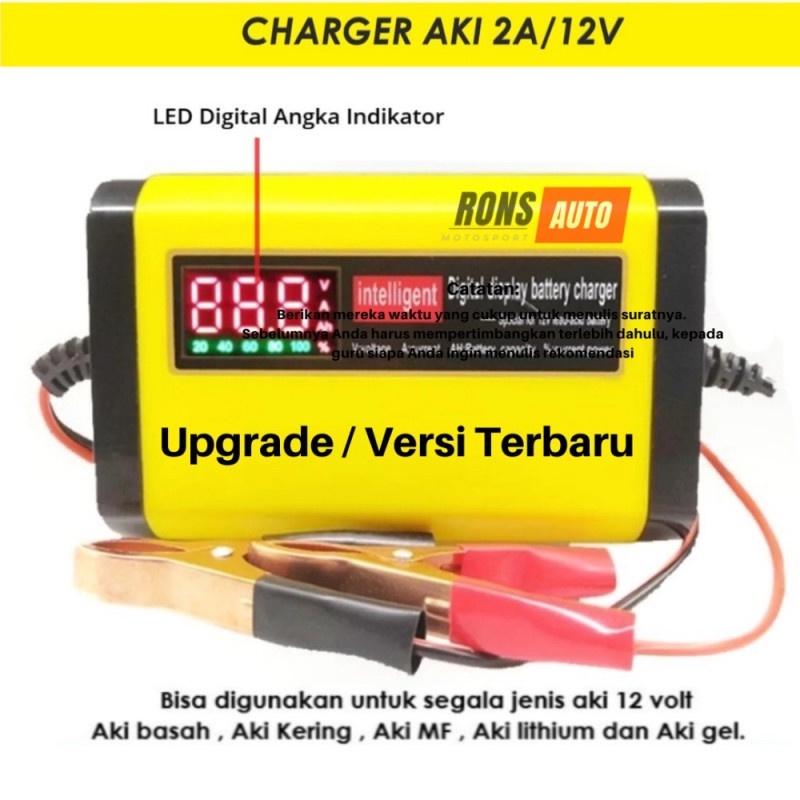 Charger Aki Portable 2A/12V Mobil Motor Digital Display Casan Aki Alat Cas Aki Carger Aki