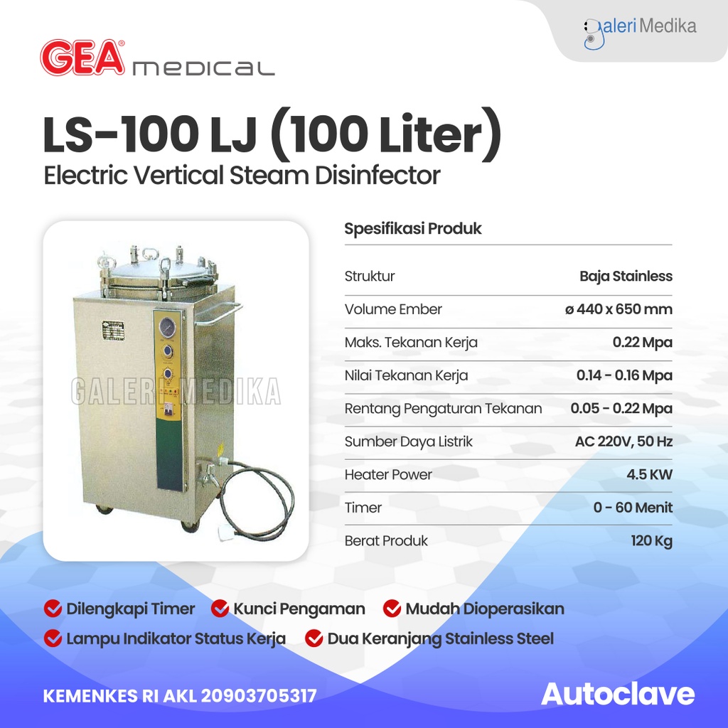 Autoclave GEA LS-100 L  Autoclave 100 Liter / Autoklaf LS-100LJ Alat Sterilisasi Basah