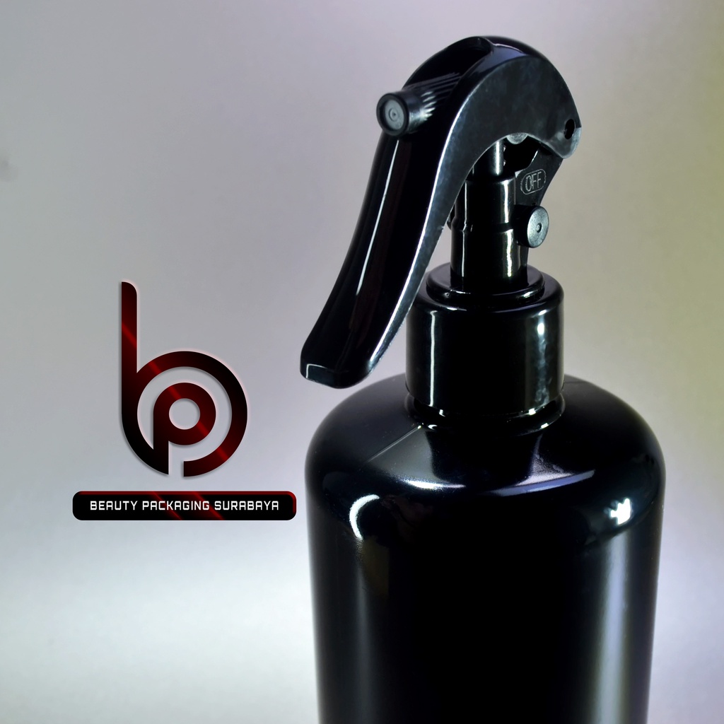 Botol plastik PET 500ml BR 28mm hitam tutup spray trigger bebek