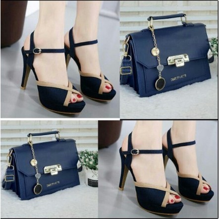 Set Tas Slempang Selempang Pesta Wanita Mewah High Heels Murah Elegan - Navy, 37 Murah