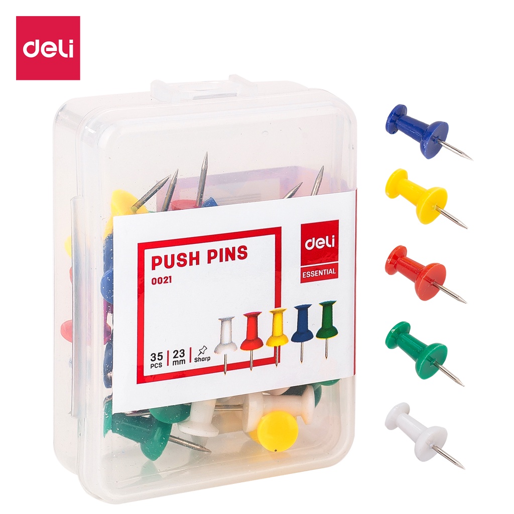 HAPPY TIME DELI JARUM TEKAN PUSH PINS 23mm (35 PCS/BOX) PUSH PIN PAKU PAYUNG PERLENGKAPAN KANTOR ALAT TULIS KANTOR SEKOLAH KULIAH E0021