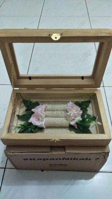 Kotak Cincin Kayu Besar + Bunga Untuk Seserahan/ Lamaran Kce