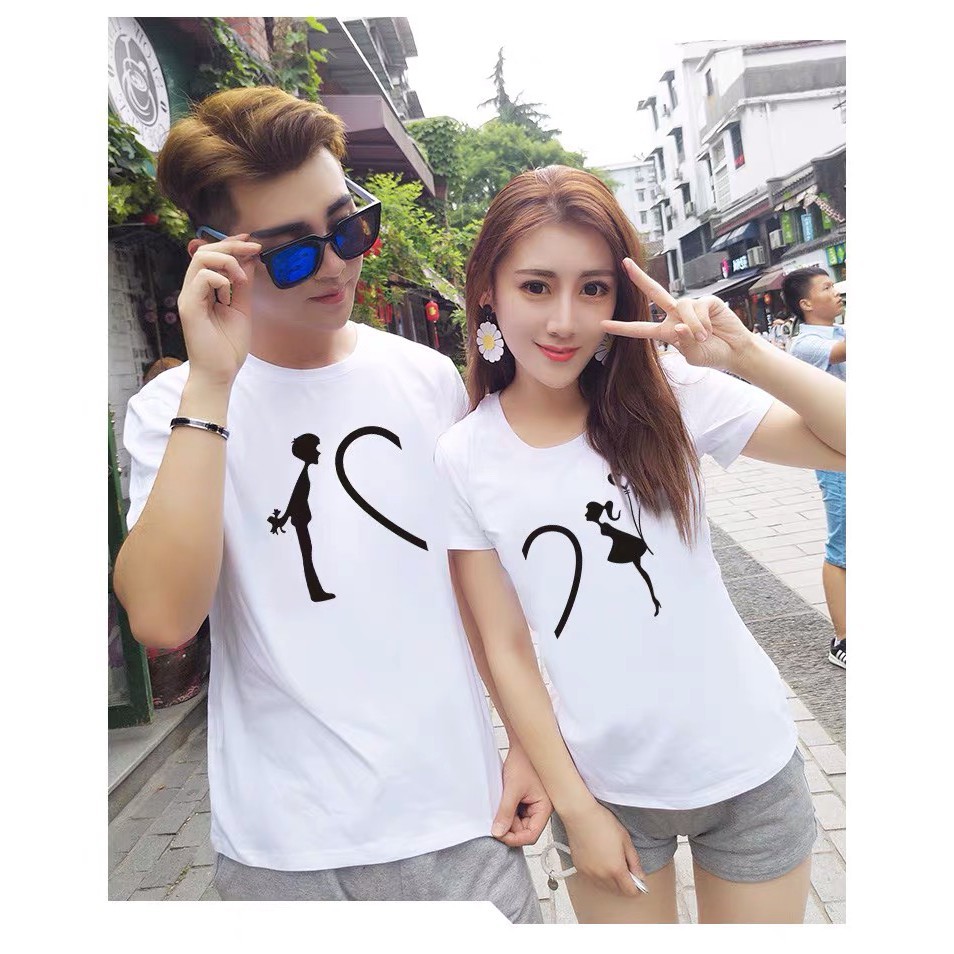 Kaos Couple Warna Putih Siluet Love Lengan Pendek Simpel Model 