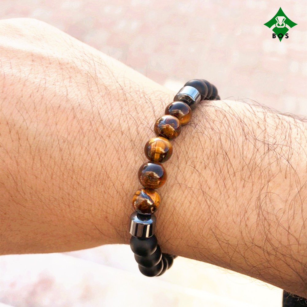 [Bayar Di Tempat] BOS Gelang Pria Kesehatan Batu Alam Tiger Eye Black Onyx Hematite Korea Akik Unik-2