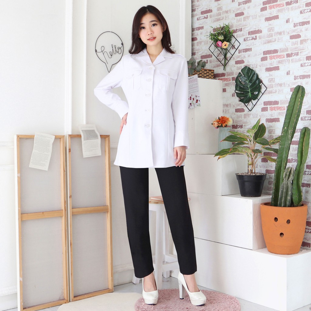 BLAZER WANITA B&amp;V LYNELLE / Seragam PNS / Baju PDH PNS Wanita / Baju Dinas Pemda Wanita / Baju Khaki PNS Wanita / Seragam ASN Wanita / Baju Guru Wanita - 7005 PUTIH HITAM