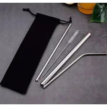 SEDOTAN STAINLESS SET Reusable Stainless Straw Set 5 Sedotan Stainless Steel Set / Sedotan Stainless SILVER Set Isi 3 + Sikat + Pouch Cantik - Stainless Straw 30039