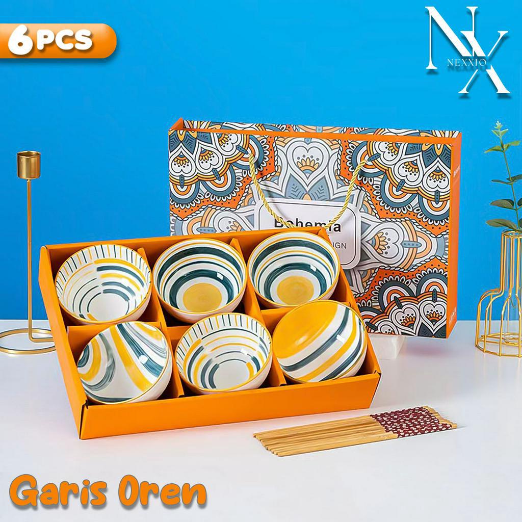 NEXXIO Souvenir mangkok set premium isi 6 peralatan makan porselen biru dan putih mangkuk keramik kotak hadiah mangkok hampers set premium