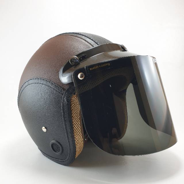 Helm Bogo Dewasa Kulit Retro Full Leher SNI Kaca Datar Injak