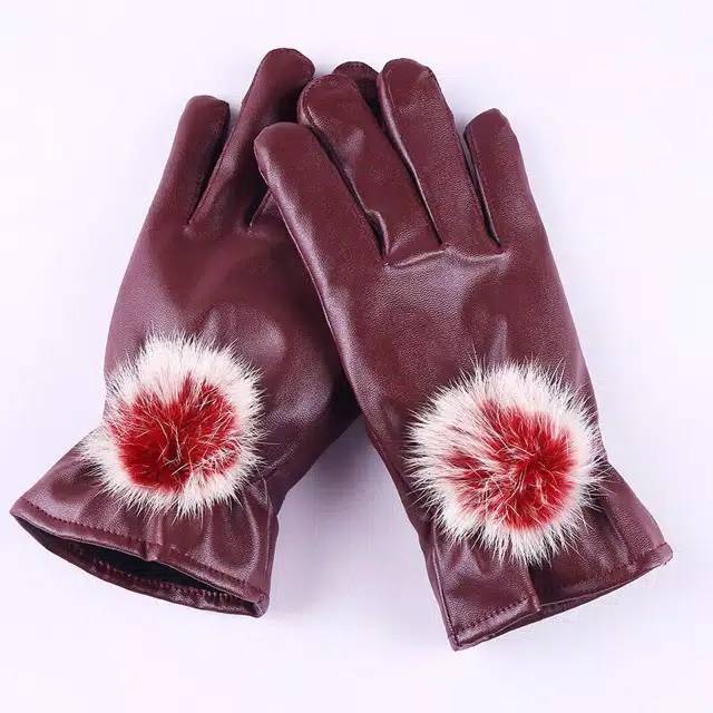 WOMAN WINTER AUTUMN GLOVES PU LEATHER POMPOM SARUNG TANGAN WANITA MUSIM DINGIN