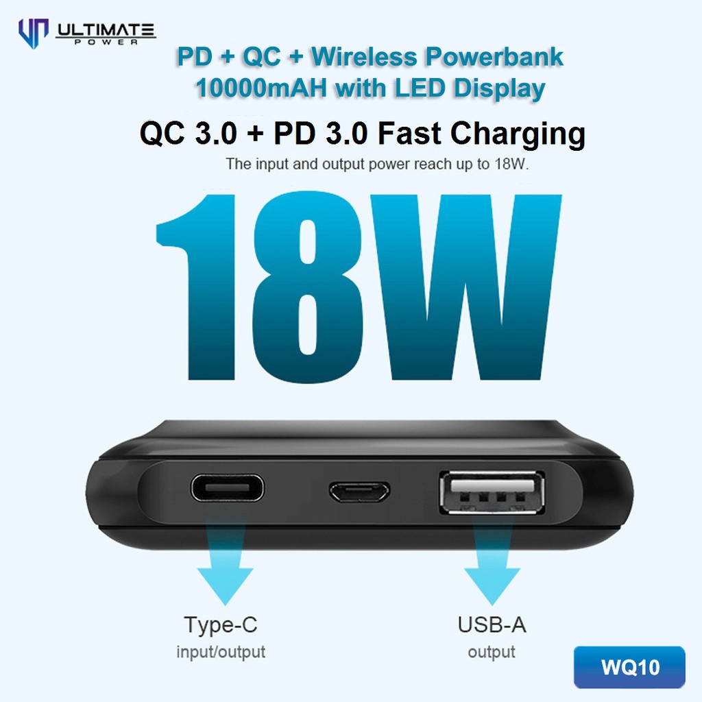 Powerbank 10000mAh Ultimate Power Wireless PD + QC with LED Display WQ10 Garansi resmi ulimate