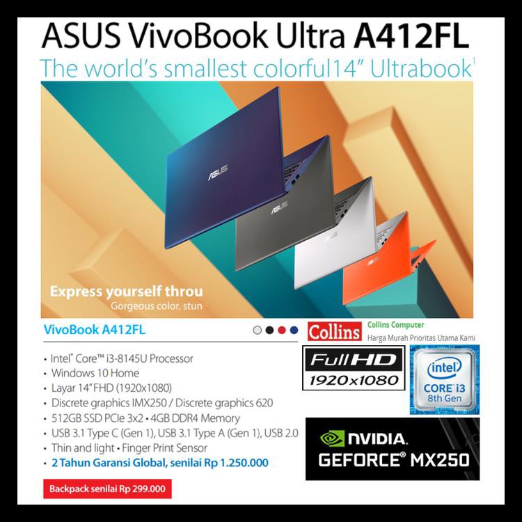 Discont Asus Vivobook Ultra A412Fl-I3 8145U|4Gb|512Gb|Mx250 2Gb|14"Fhd|Win10 Promo Barang Murah