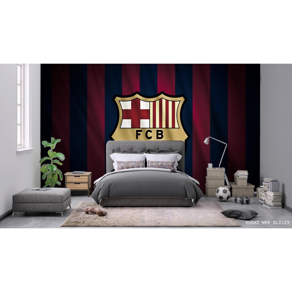 LANGSUNG TEMPEL Stiker dinding Motif Bola Barcelona, Wallpaper dinding kamar tidur Bola Team Barca
