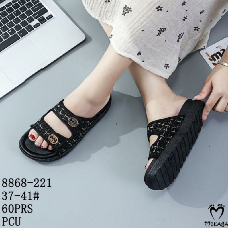 8868-221 Sandal Wedges Slop Mokaya Ban 2 Wanita Karet Motif Bros GG Bahan Kanvas Sendal Impor Selop 