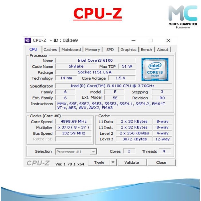 Processor core i3 6100 LGA 1151 3.70GHZ dan Fan Intel