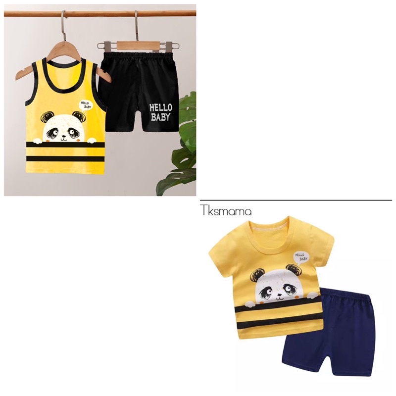 setelan anak singlet tangan karakter panda hello baby 6-12 bulan