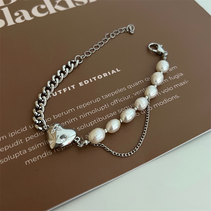 Gelang Tangan Rantai Baja Titanium Aksen Mutiara natural Untuk Wanita