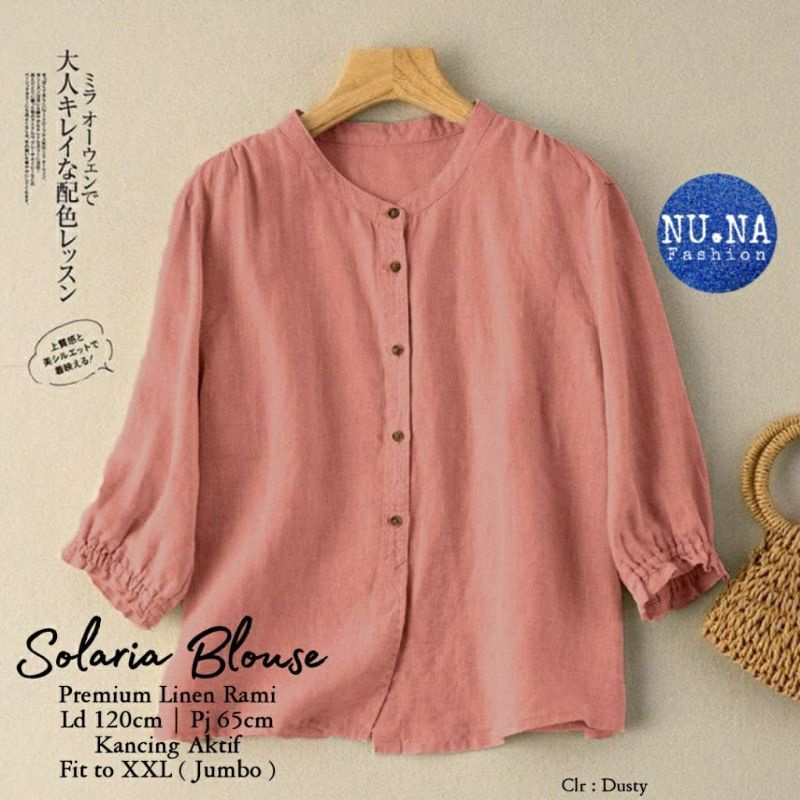 Solaria Bahan Linen Premiun Kerah Sanghai Kemeja Blouse Wanita Oversize LD 120