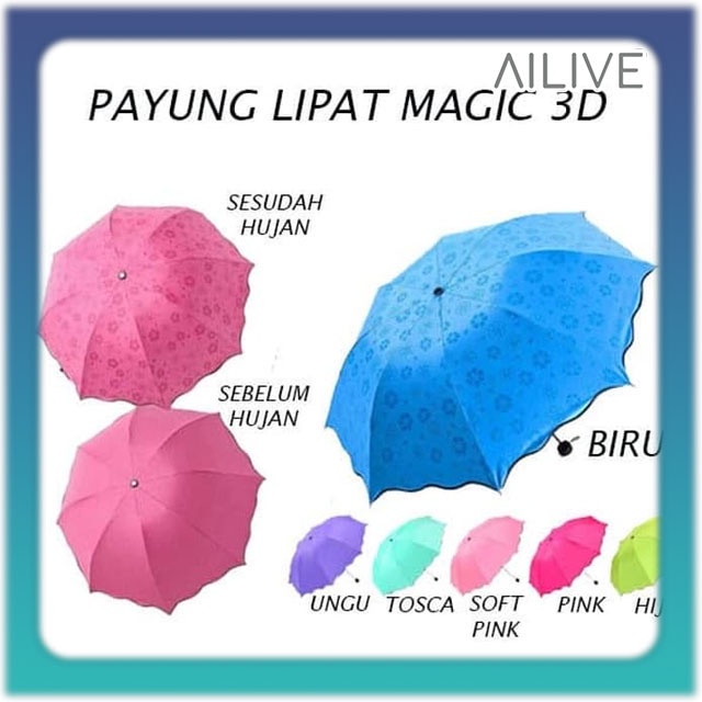 Payung Lipat Mini Warna Warni / Magic 3D Umbrella Keluar Motif Bila Kena Air