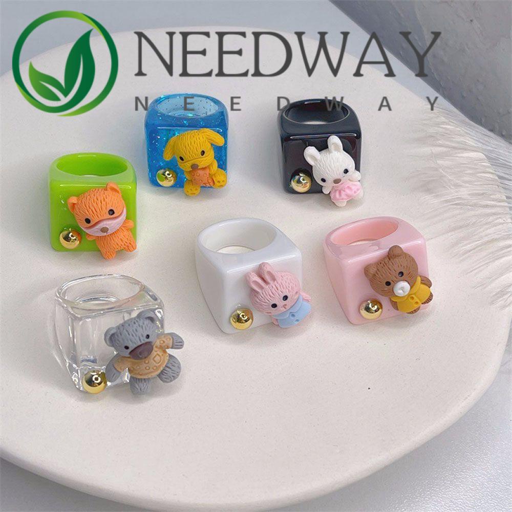 Needway  Women Girls Finger Ring 2021 New Style Fashion Accessories Resin Rings Bear Rabbit Bunny Dog Cute Lovely Acrylic Resin Sweet Korean Cartoon Animal Party Jewelry