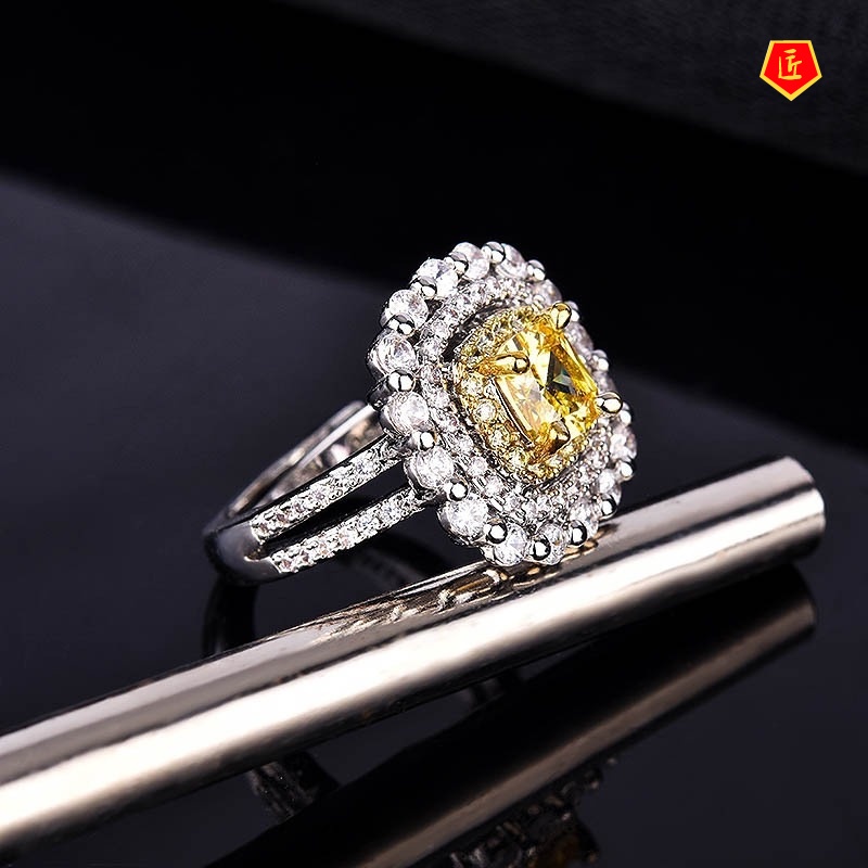 [Ready Stock]Pt950 Luxury Bead Edge Yellow Diamond Open Ring for Women