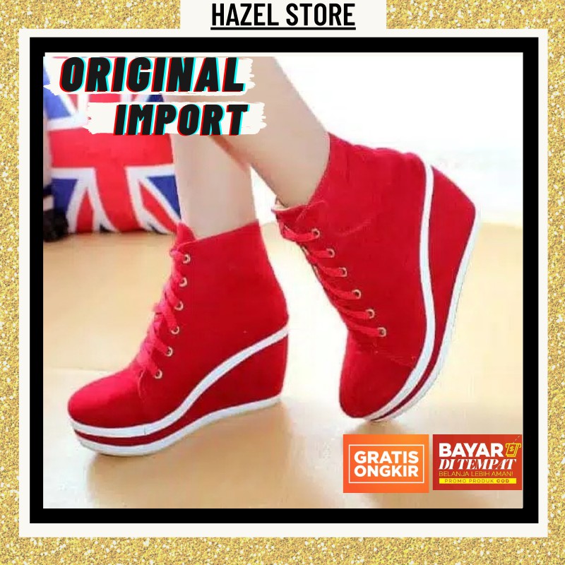 Sepatu Boots Boot Bots Wanita Cewek Korea Import Murah Original Terbaru Remaja Tinggi Wedges Merah