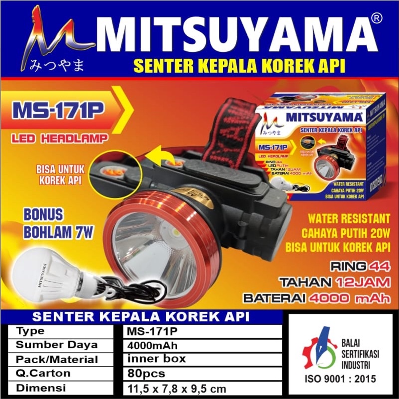 promo Senter Kepala Mitsuyama MS-171P - Senter Mitsuyama MS 171 P - Senter kepala plus Korek Api