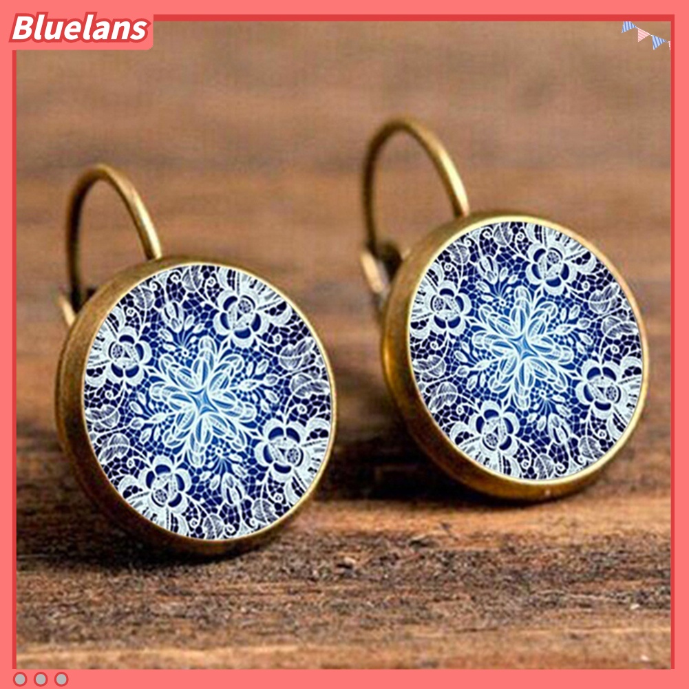 Bluelans Anting Klip Bentuk Bulat Motif Bunga Mandala Gaya Retro Untuk Wanita