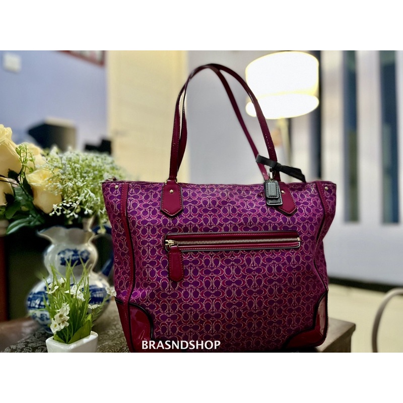 Coach Poppy Signature Metallic Tote Bag Magenta