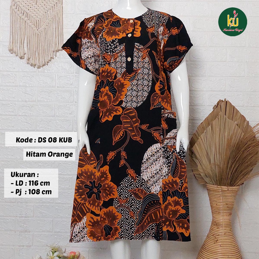 Bisa COD DS08 KUB | Daster Batik Kencana Ungu Asli Label Biru | Baju Santai Tidur Wanita Dewasa Kancing Depan Busui Friendly Motif Terbaru-Hitam Orange