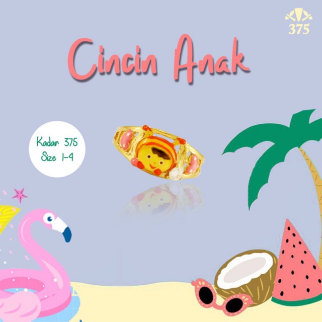 Cincin anak perempuan motif anak lucu garis pink putih emas asli kadar 375