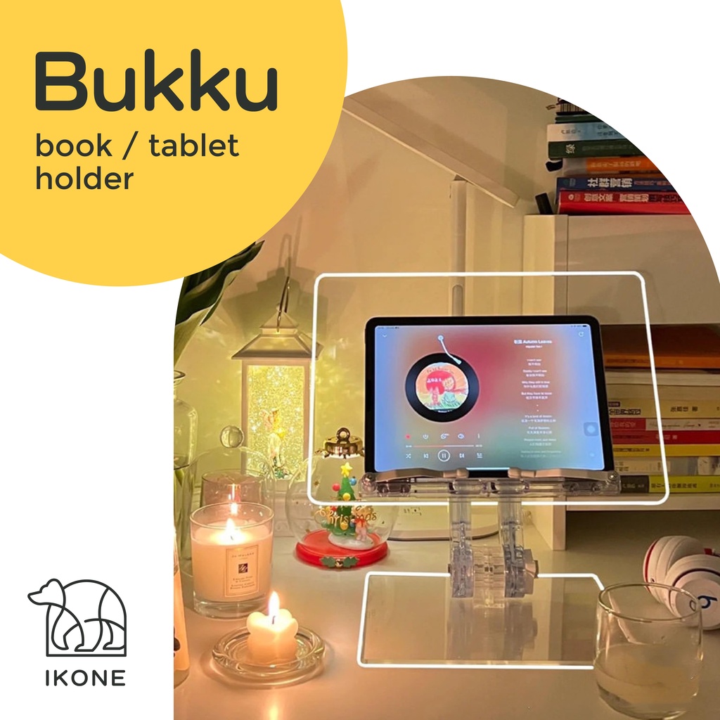 【IKONE】BUKKU Tablet Holder Acrylic Adjustable Tablet Stand with Lights Book Holder Meja Laptop Meja tablet Tempat Laptop Ipad Membantu Leher Organizer Laptop Meja Stand Holder dengan Lampu