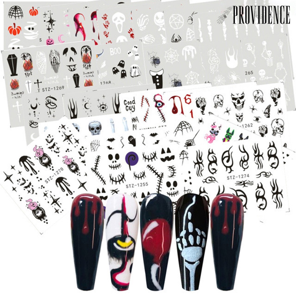 24 Pcs Stiker Kuku Motif Halloween Efek Indah Tahan Lama Removable Untuk Nail Art