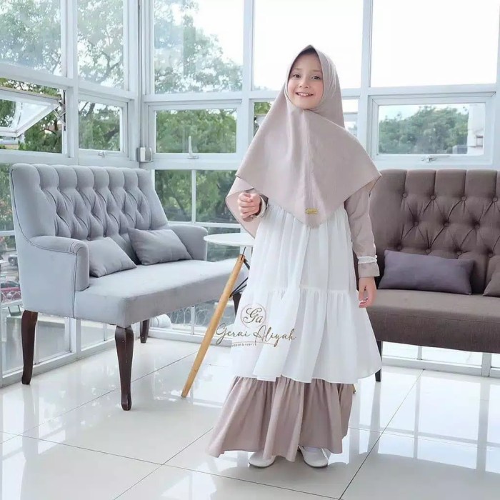 busana gamis anak molly syar'i baju muslim anak tanggung gamis remaja - cream