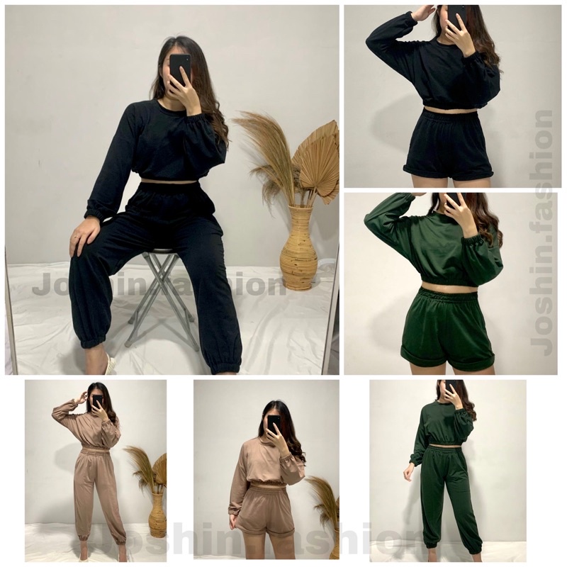 JOSHIN Setelan Wanita 3in1 Crop Polos | Oneset Lengan Panjang Babyterry