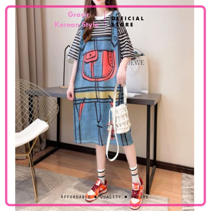 Dress Kaos Premium Jumbo Baju Wanita Katun Bigsize Kartun Jumpsuit - Biru(B6F9) GROSIR midi dress ra