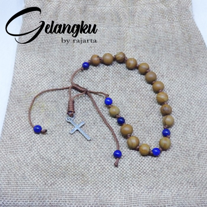 Gelang Batu Wood Jasper Model Rosario Salib mix Lapis Lazuli