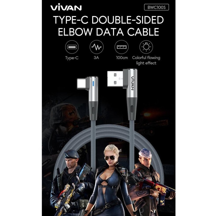 Vivan BWC100S Data Cable Type-C Fast Charge 3A with LED Light - Grey oriGINAL