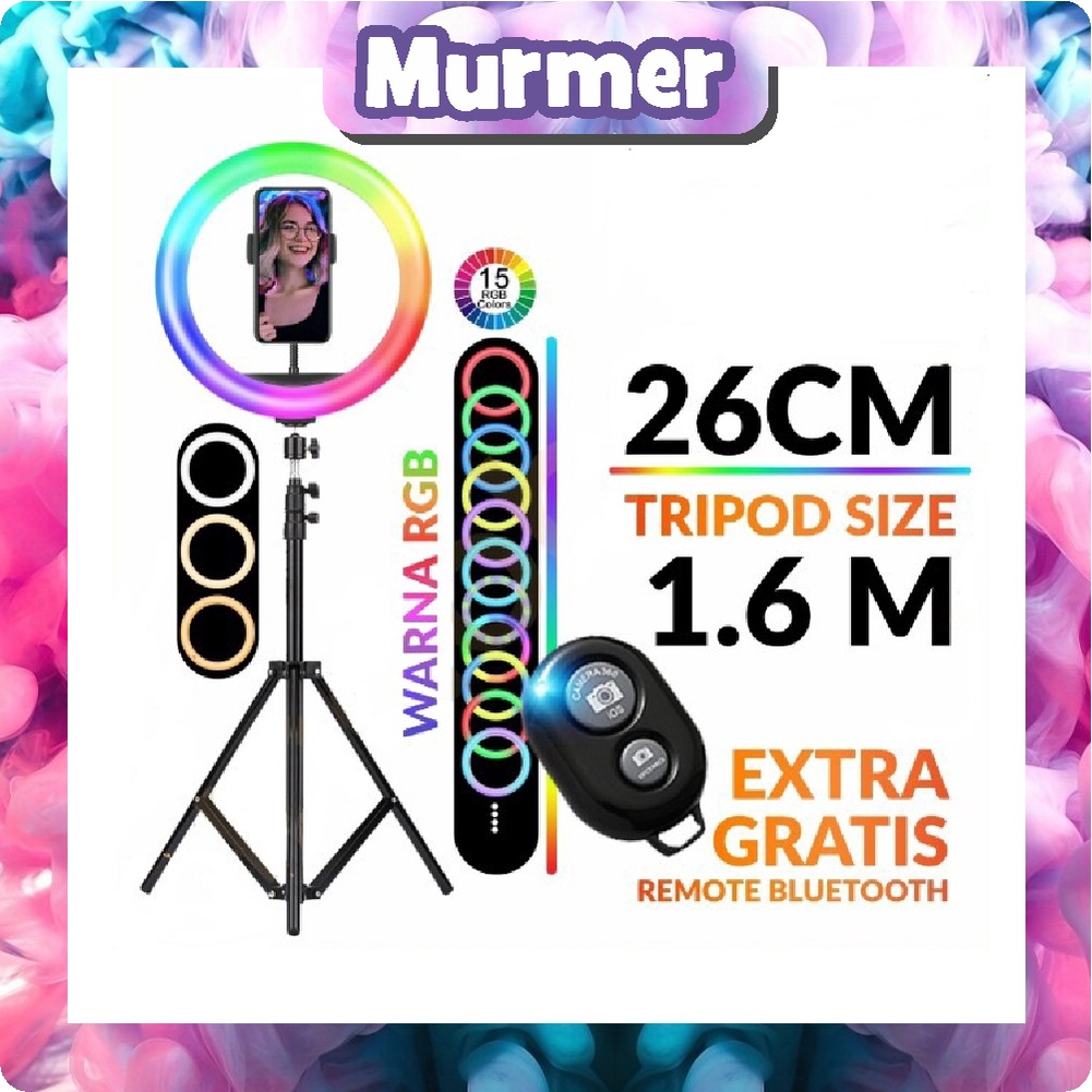 MurmerOfficial R224 RING LIGHT PAKET SUPER LENGKAP 26CM 33CM RGB+ HPHOLDER + TRIPOD 1,6M&amp;2,1M